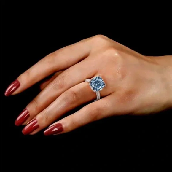 Italo Blue Topaz Ring Hidden Halo Cushion Cut Engagement Ring - Picture 2 of 11